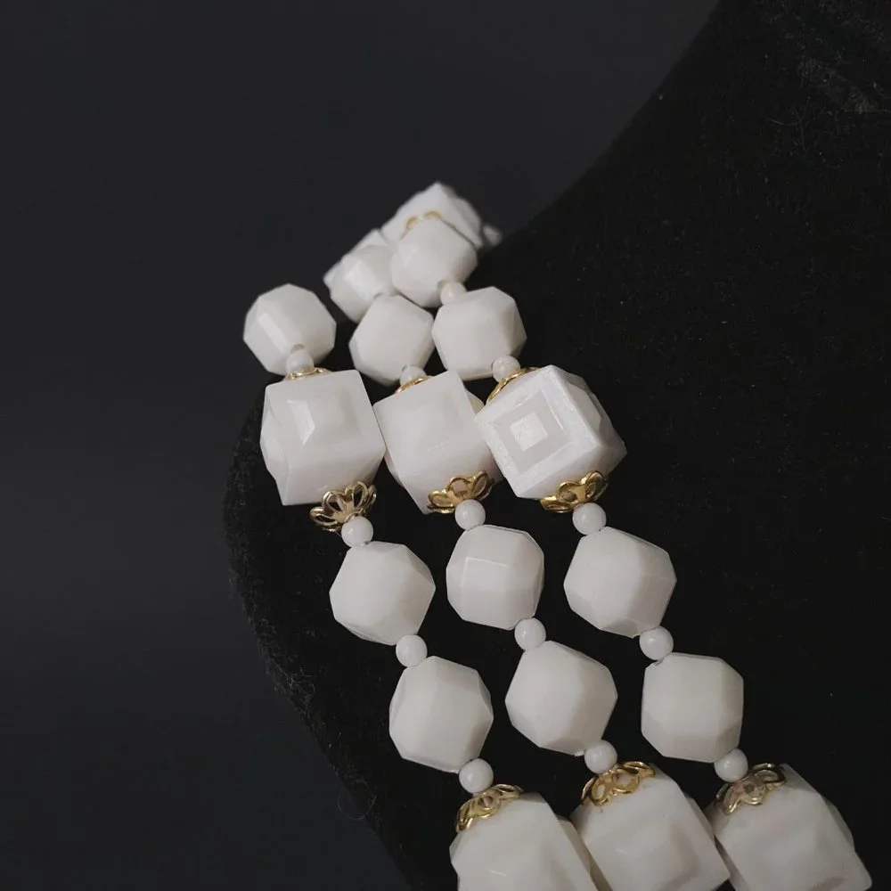 Vintage Hong Kong White Gold Square Chunky Beaded Layered Multi Strand Necklace - Picture 4 of 12